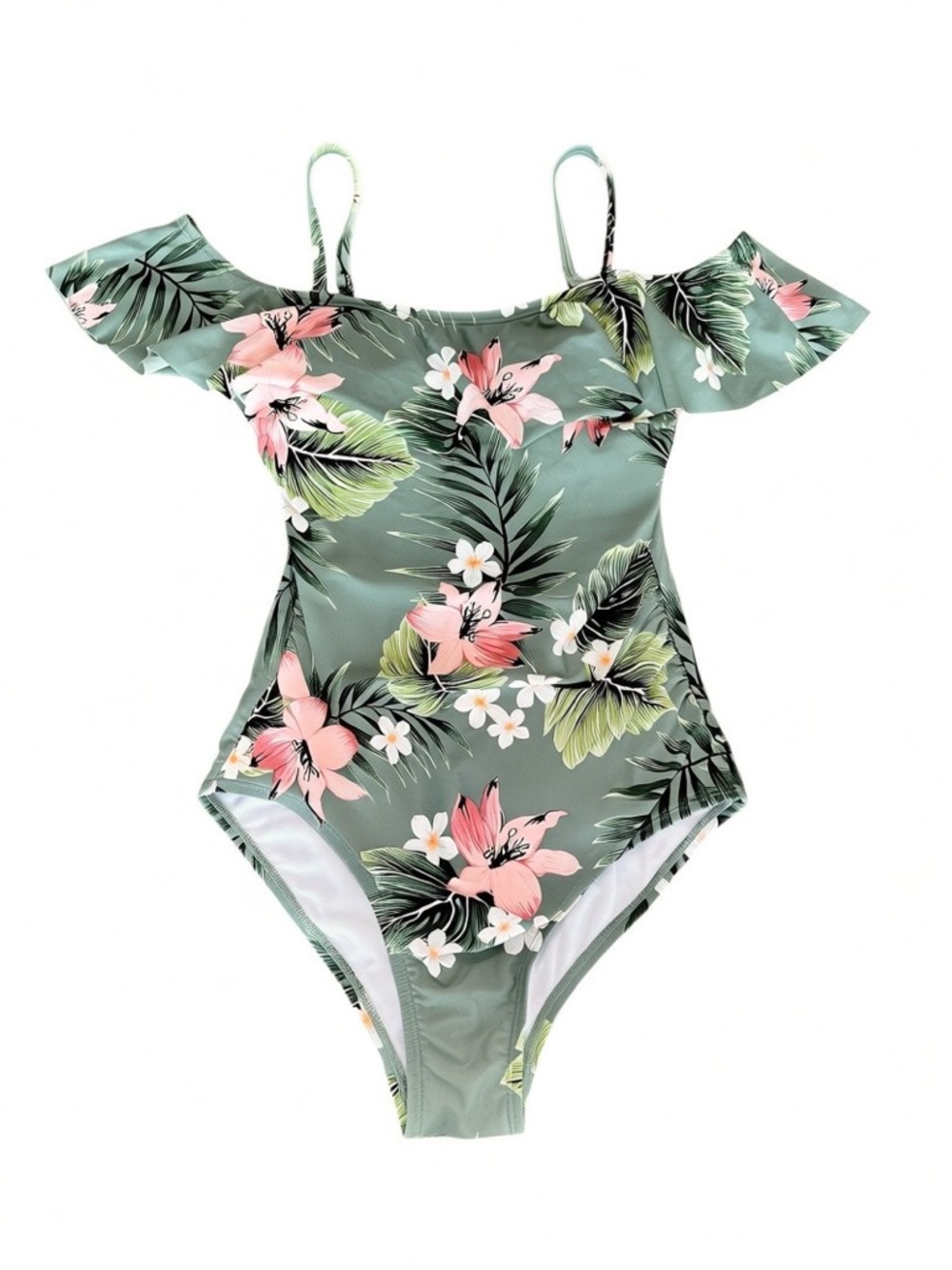 Kona Sol Floral Off Shoulder One Piece Swimsuit Tropical Green Medium